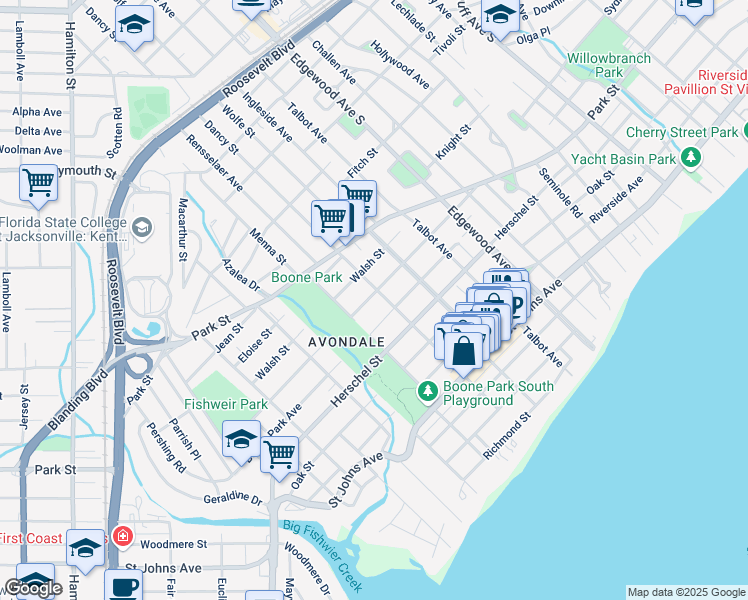 map of restaurants, bars, coffee shops, grocery stores, and more near 3661 Valencia Road in Jacksonville