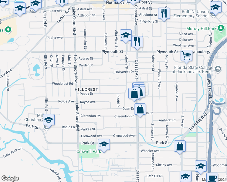 map of restaurants, bars, coffee shops, grocery stores, and more near 5217 Poppy Drive in Jacksonville
