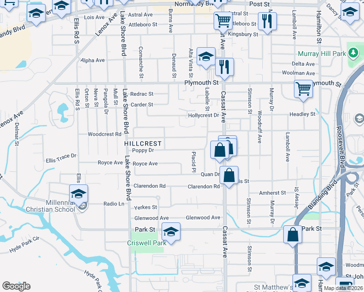 map of restaurants, bars, coffee shops, grocery stores, and more near 5205 Poppy Drive in Jacksonville