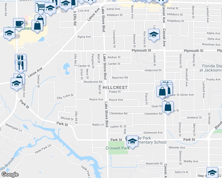 map of restaurants, bars, coffee shops, grocery stores, and more near 5362 Woodcrest Road in Jacksonville