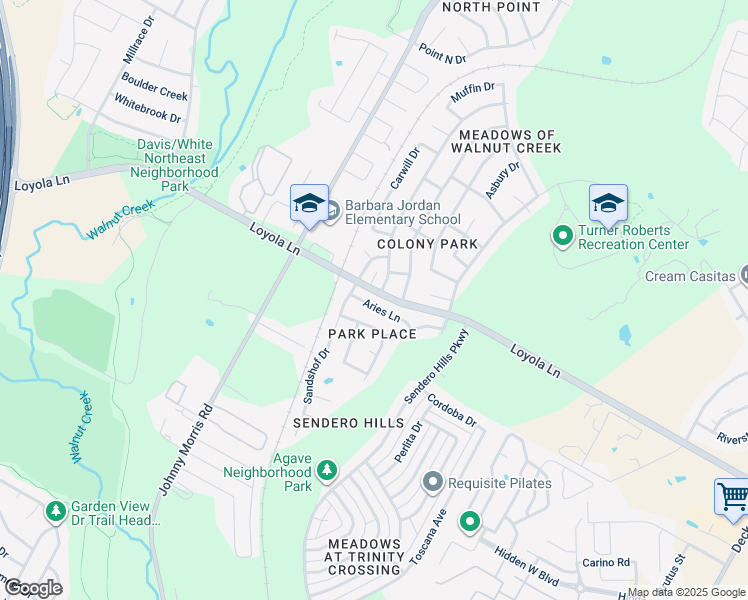 map of restaurants, bars, coffee shops, grocery stores, and more near 6702 Aries Lane in Austin