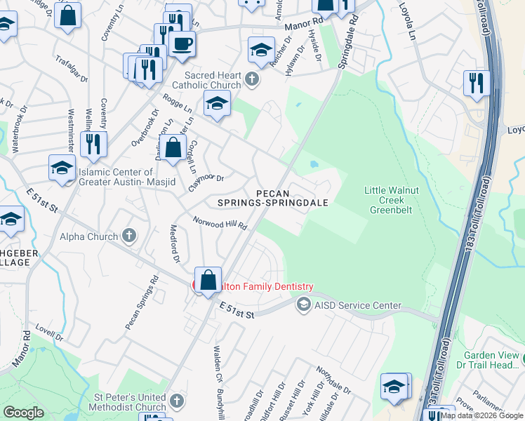 map of restaurants, bars, coffee shops, grocery stores, and more near 5500 Basswood Lane in Austin