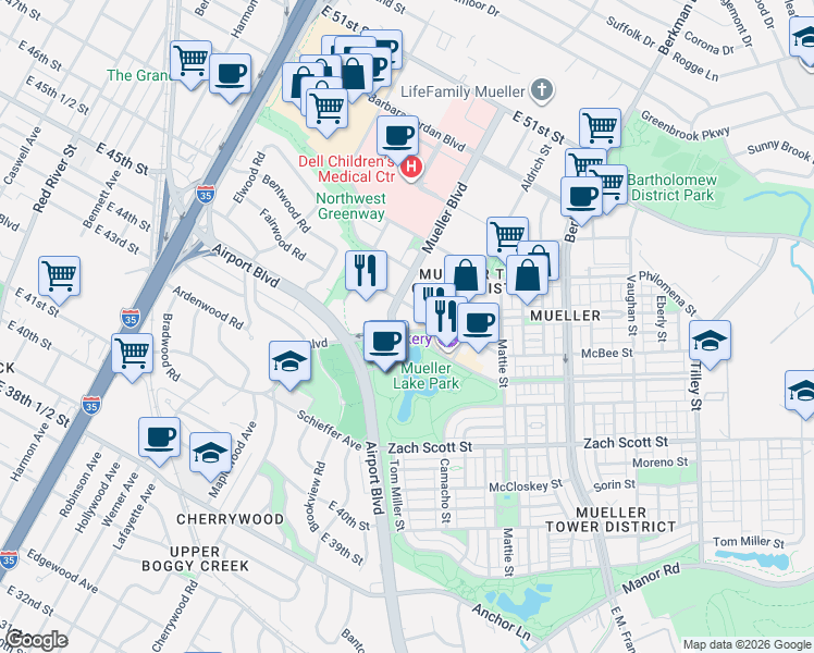 map of restaurants, bars, coffee shops, grocery stores, and more near 4600 James Wheat Street in Austin