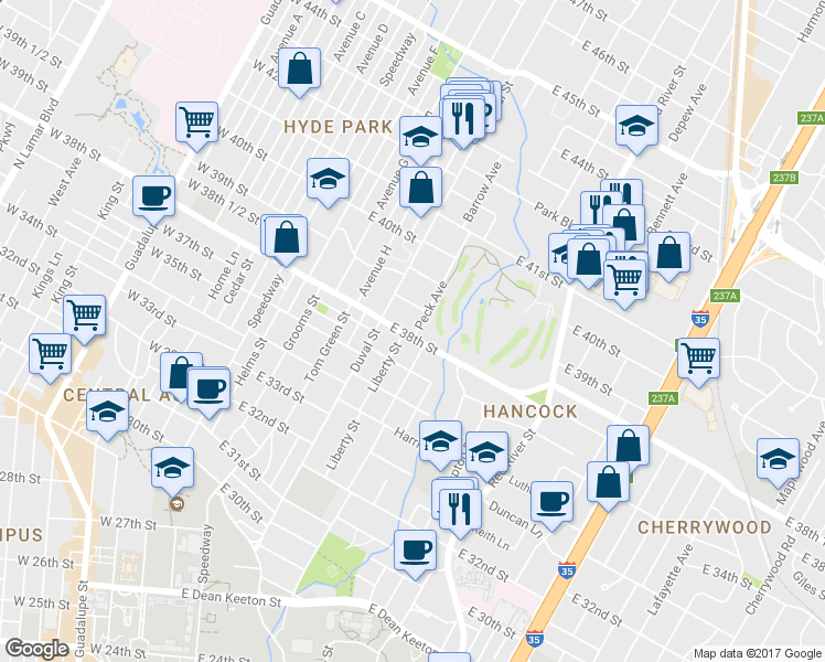 map of restaurants, bars, coffee shops, grocery stores, and more near 3806 Peck Avenue in Austin