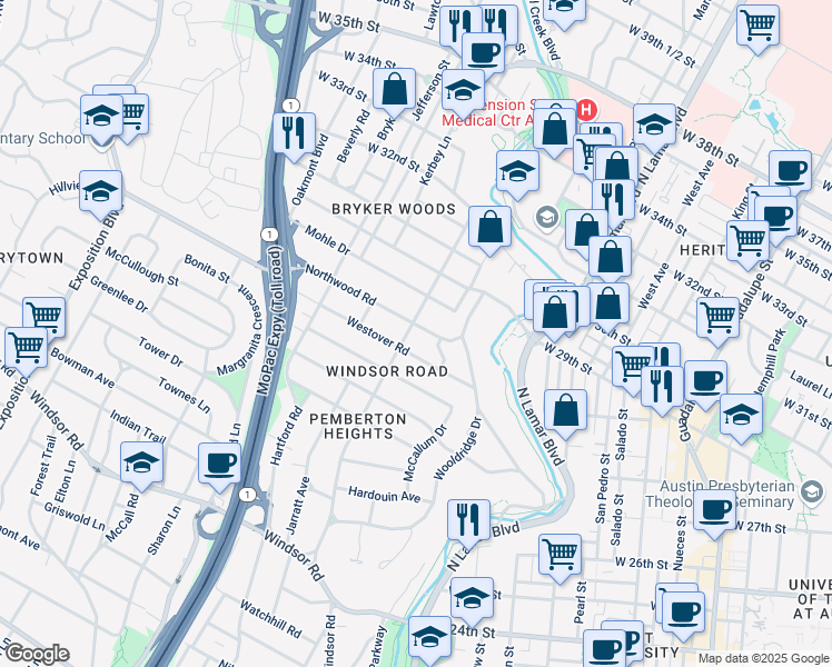 map of restaurants, bars, coffee shops, grocery stores, and more near 1501 Northwood Road in Austin