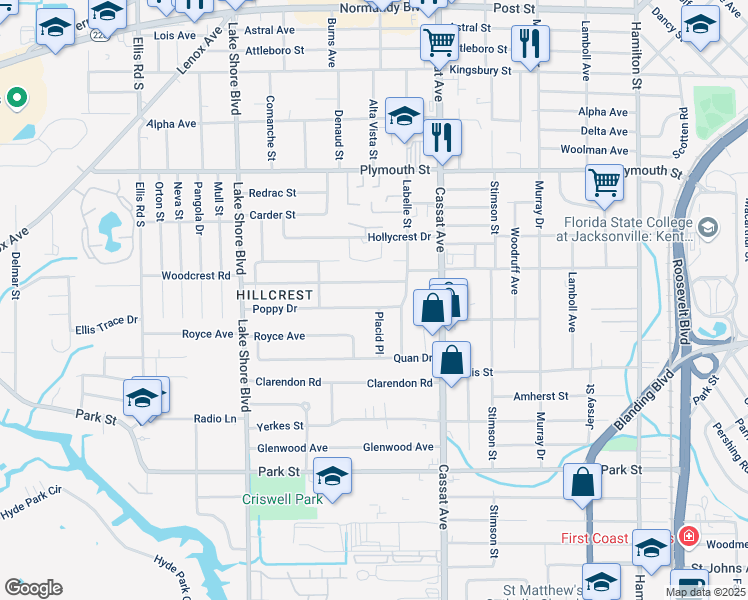 map of restaurants, bars, coffee shops, grocery stores, and more near 5205 Poppy Drive in Jacksonville