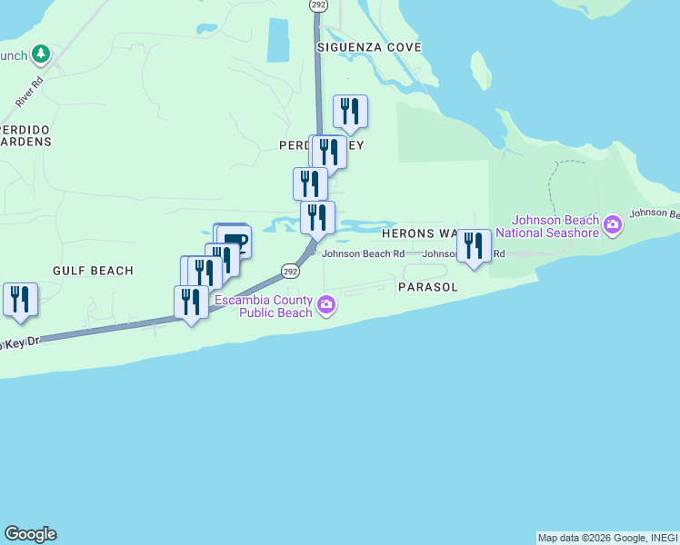 map of restaurants, bars, coffee shops, grocery stores, and more near 13500 Sandy Key Drive in Pensacola
