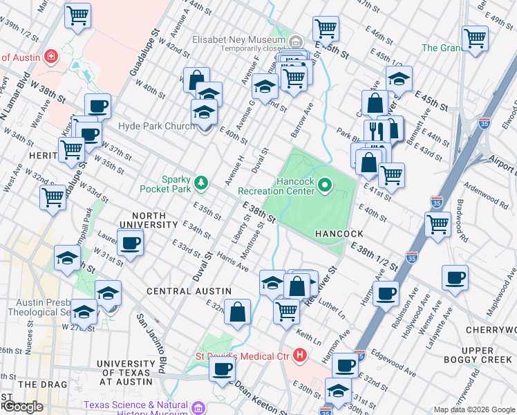 map of restaurants, bars, coffee shops, grocery stores, and more near 3806 Peck Avenue in Austin