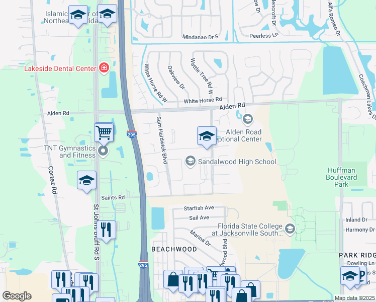 map of restaurants, bars, coffee shops, grocery stores, and more near 2750 John Prom Boulevard in Jacksonville