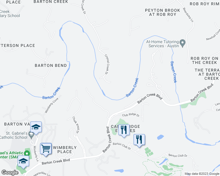 map of restaurants, bars, coffee shops, grocery stores, and more near 8701 Crystal Creek Circle in Austin