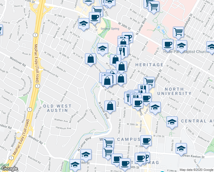 map of restaurants, bars, coffee shops, grocery stores, and more near 2908 San Gabriel Street in Austin