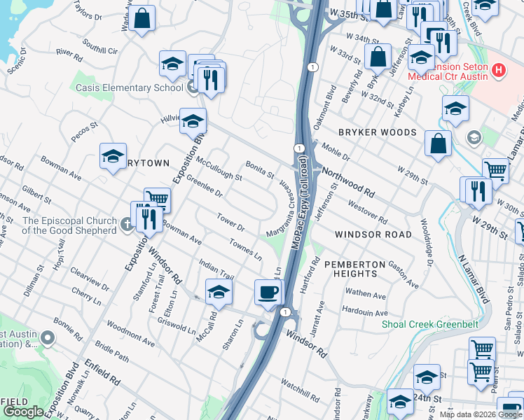 map of restaurants, bars, coffee shops, grocery stores, and more near 2205 Sunny Slope Drive in Austin
