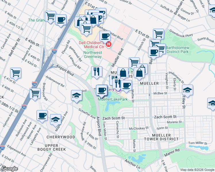map of restaurants, bars, coffee shops, grocery stores, and more near 4600 James Wheat Street in Austin