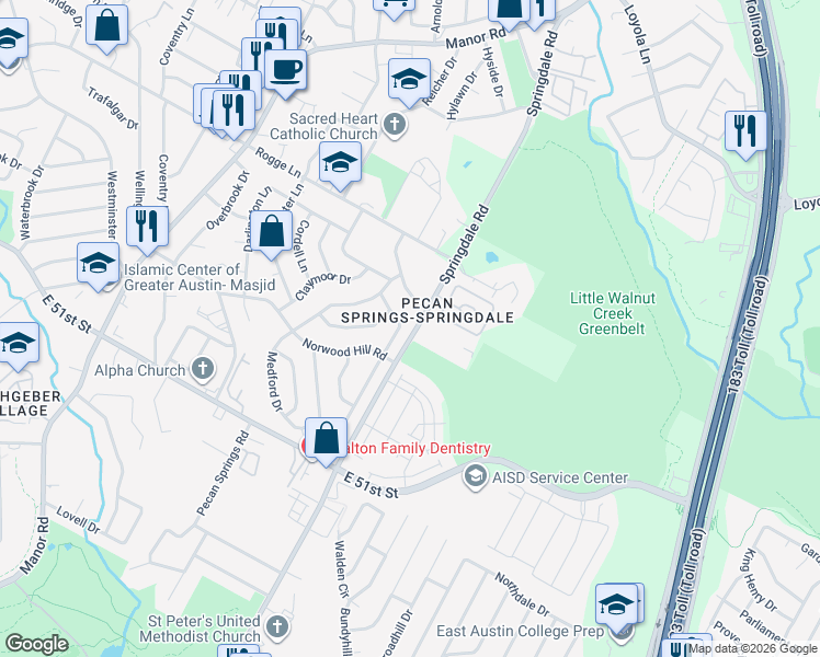 map of restaurants, bars, coffee shops, grocery stores, and more near 5500 Basswood Lane in Austin
