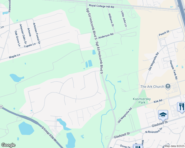map of restaurants, bars, coffee shops, grocery stores, and more near 2601 Silverstone Way in Conroe