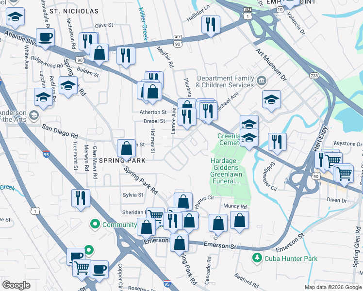 map of restaurants, bars, coffee shops, grocery stores, and more near 3694 Carmichael Avenue in Jacksonville