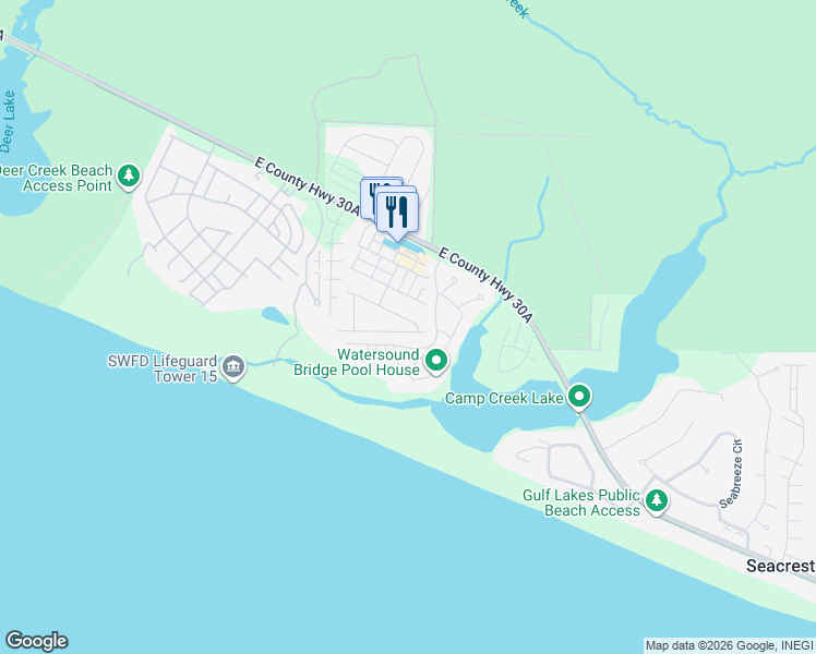 map of restaurants, bars, coffee shops, grocery stores, and more near 59 West Crabbing Hole Lane in Rosemary Beach