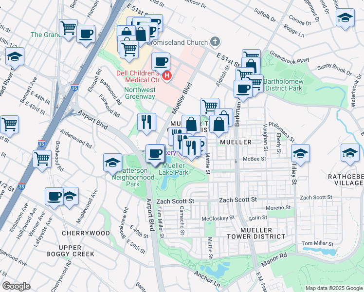 map of restaurants, bars, coffee shops, grocery stores, and more near 1910 Aldrich Street in Austin