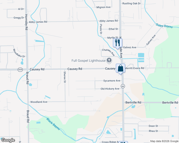 map of restaurants, bars, coffee shops, grocery stores, and more near 40375 Causey Road in Prairieville