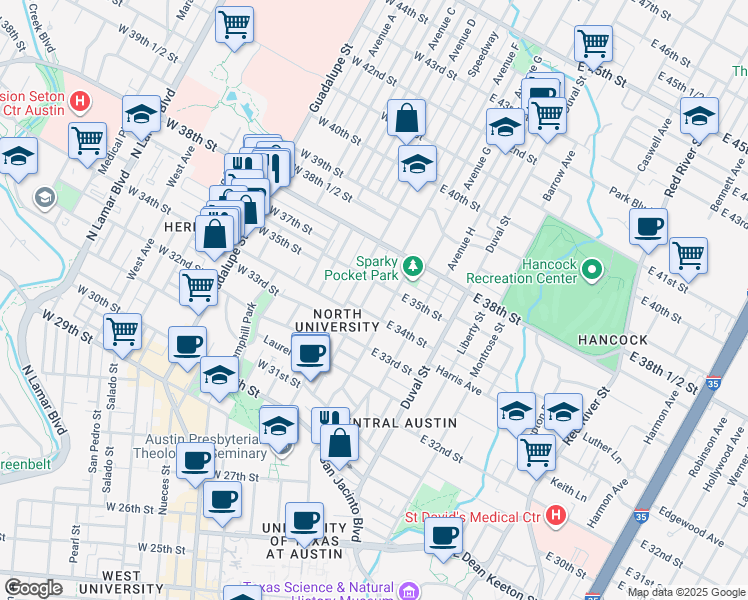 map of restaurants, bars, coffee shops, grocery stores, and more near 3405 Helms Street in Austin