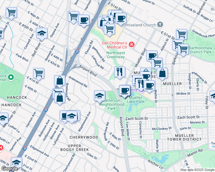 map of restaurants, bars, coffee shops, grocery stores, and more near 4304 Airport Boulevard in Austin