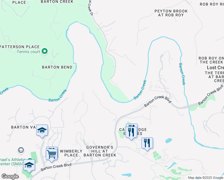 map of restaurants, bars, coffee shops, grocery stores, and more near 8703 Crystal Creek Circle in Austin