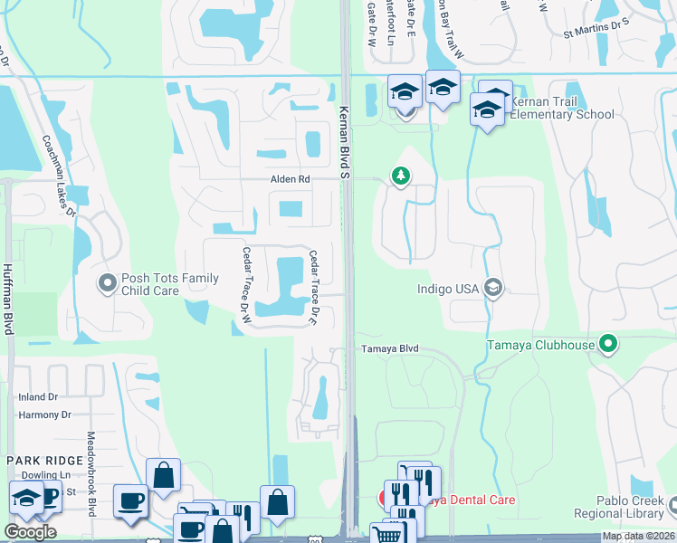 map of restaurants, bars, coffee shops, grocery stores, and more near 2457 Brook Park Way in Jacksonville