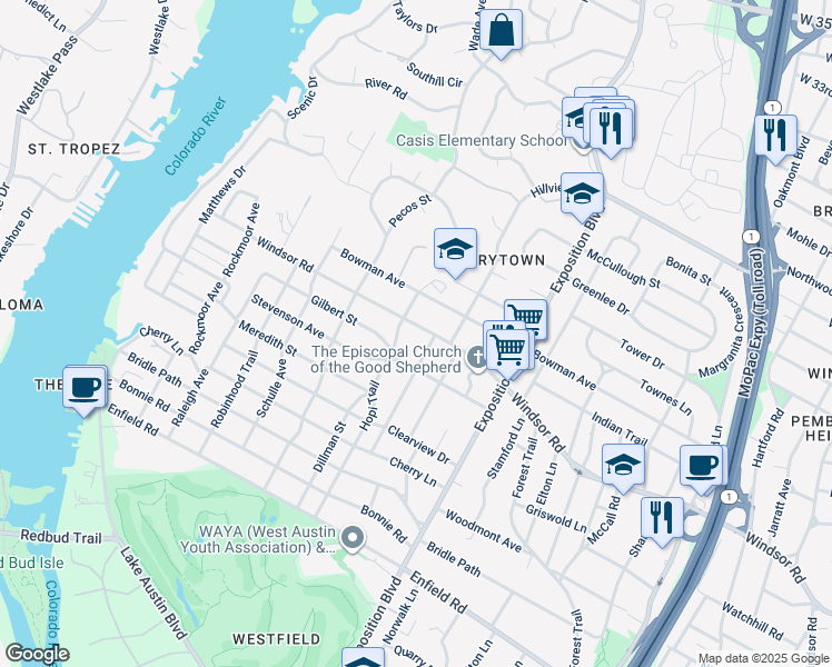 map of restaurants, bars, coffee shops, grocery stores, and more near 3317 Windsor Road in Austin