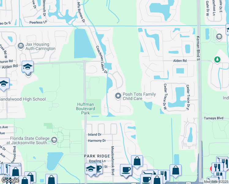 map of restaurants, bars, coffee shops, grocery stores, and more near 12062 West Dalmation Lane in Jacksonville