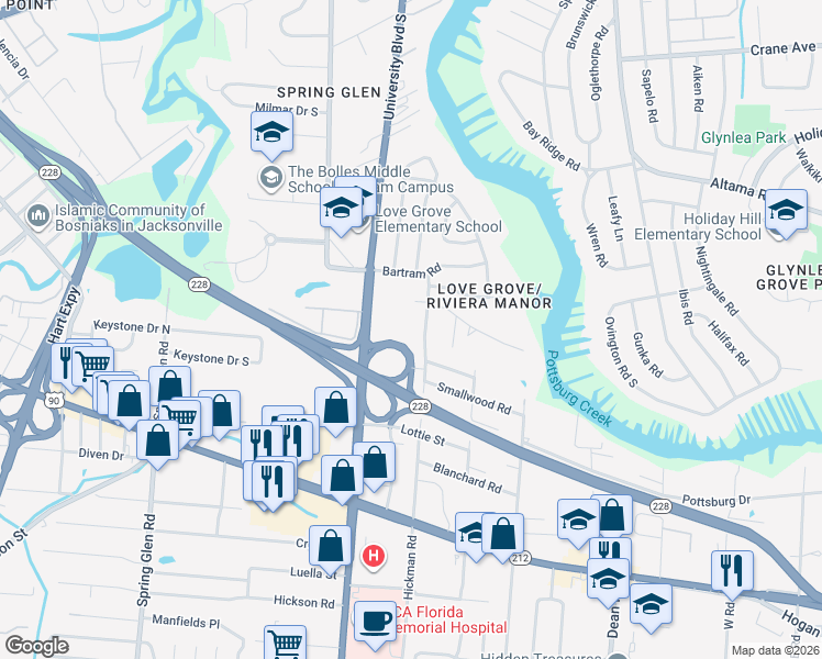 map of restaurants, bars, coffee shops, grocery stores, and more near 1218 Hickman Road in Jacksonville