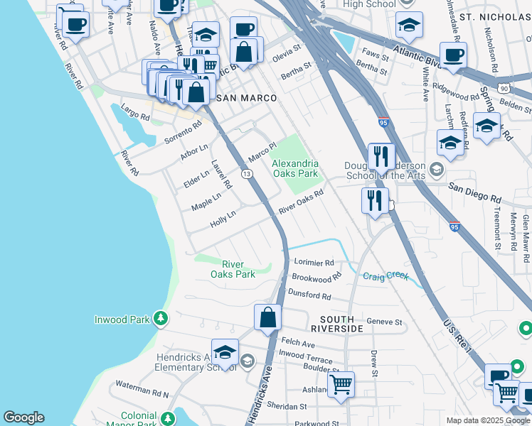 map of restaurants, bars, coffee shops, grocery stores, and more near 1130 Holly Lane in Jacksonville