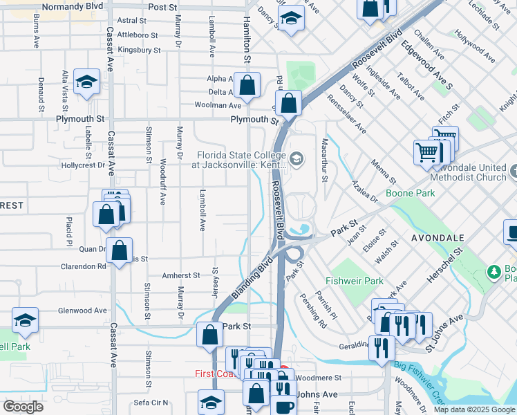 map of restaurants, bars, coffee shops, grocery stores, and more near 1329 Hamilton Street in Jacksonville