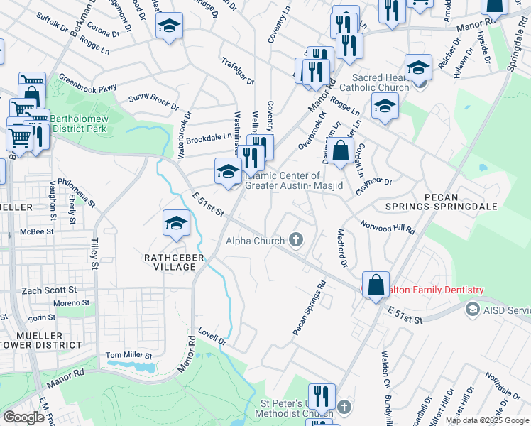 map of restaurants, bars, coffee shops, grocery stores, and more near 5207 Overbrook Drive in Austin