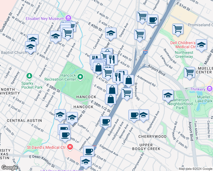 map of restaurants, bars, coffee shops, grocery stores, and more near 925 East 41st Street in Austin