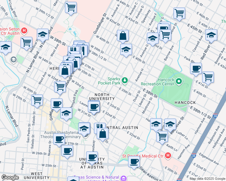 map of restaurants, bars, coffee shops, grocery stores, and more near 3405 Helms Street in Austin