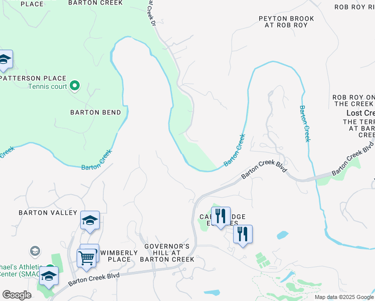 map of restaurants, bars, coffee shops, grocery stores, and more near 8703 Crystal Creek Circle in Austin