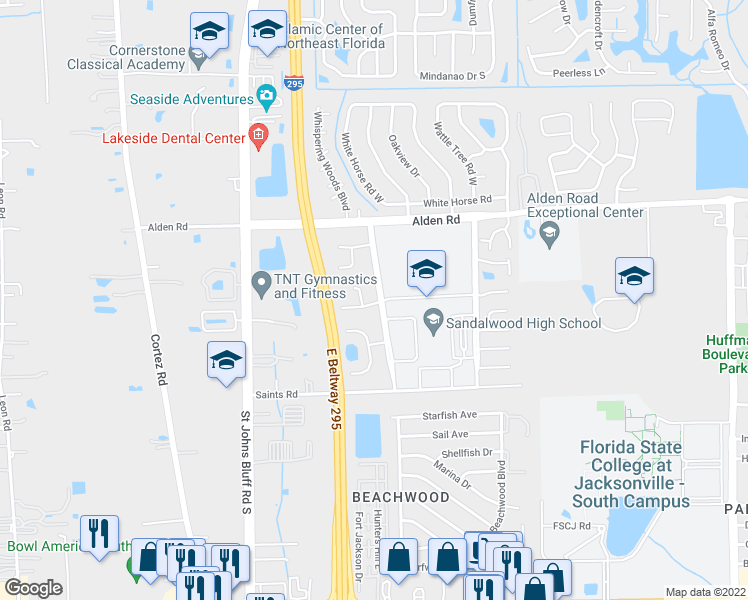 map of restaurants, bars, coffee shops, grocery stores, and more near 2672 Sam Hardwick Boulevard in Jacksonville