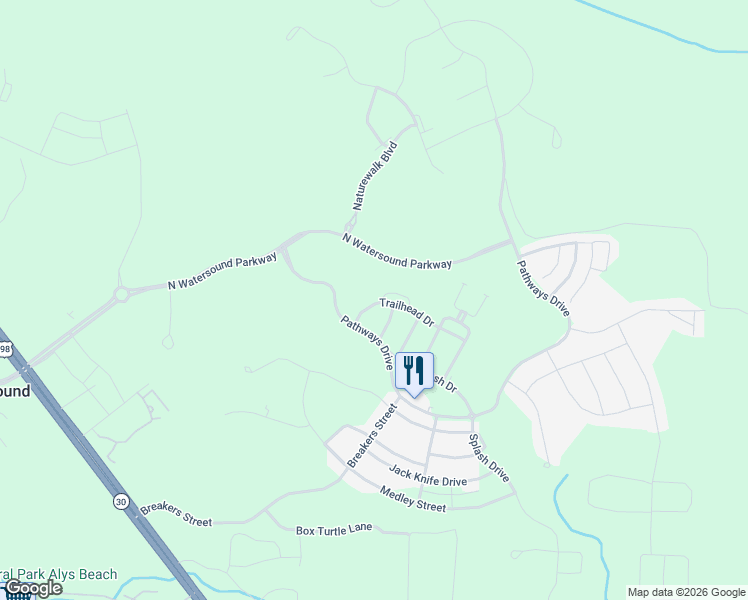 map of restaurants, bars, coffee shops, grocery stores, and more near 85 Trailhead Drive in Watersound