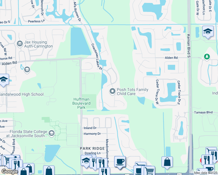 map of restaurants, bars, coffee shops, grocery stores, and more near 12062 West Dalmation Lane in Jacksonville