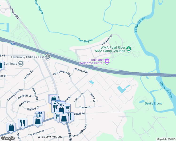 map of restaurants, bars, coffee shops, grocery stores, and more near 504 Bradford Drive in Slidell