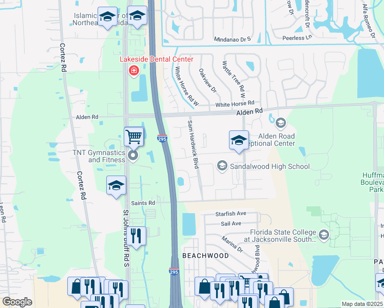 map of restaurants, bars, coffee shops, grocery stores, and more near 2672 Sam Hardwick Boulevard in Jacksonville