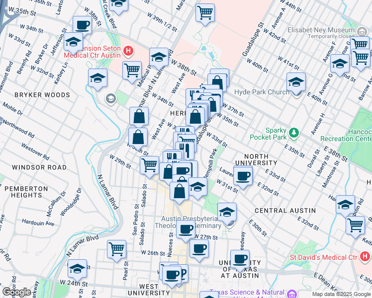 map of restaurants, bars, coffee shops, grocery stores, and more near 607 1/2 West 31st 1/2 Street in Austin