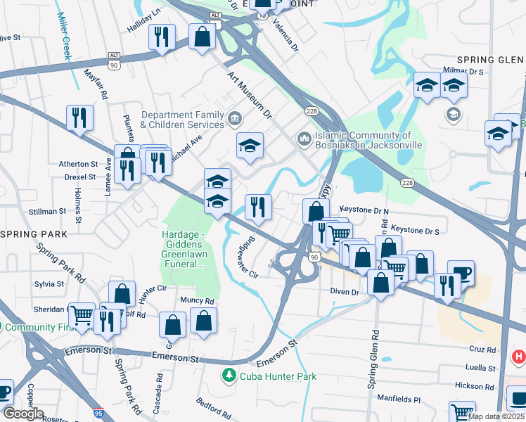 map of restaurants, bars, coffee shops, grocery stores, and more near 4815 Beach Boulevard in Jacksonville
