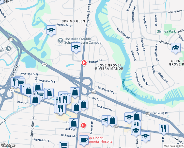 map of restaurants, bars, coffee shops, grocery stores, and more near 1218 Hickman Road in Jacksonville