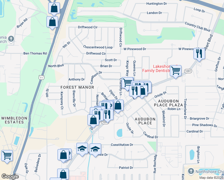 map of restaurants, bars, coffee shops, grocery stores, and more near 126 Dijon Drive in Slidell