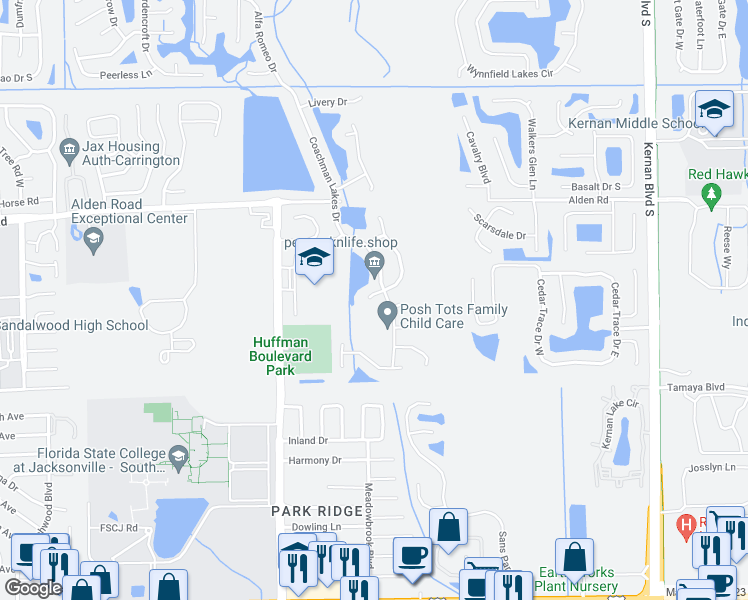 map of restaurants, bars, coffee shops, grocery stores, and more near 12062 West Dalmation Lane in Jacksonville