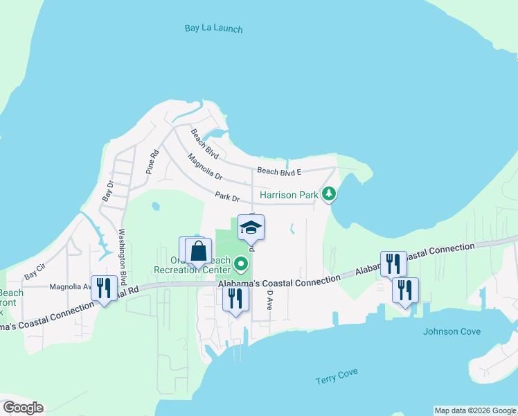 map of restaurants, bars, coffee shops, grocery stores, and more near 27380 Park Drive in Orange Beach