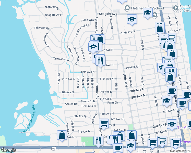 map of restaurants, bars, coffee shops, grocery stores, and more near 1150 Penman Road in Jacksonville Beach
