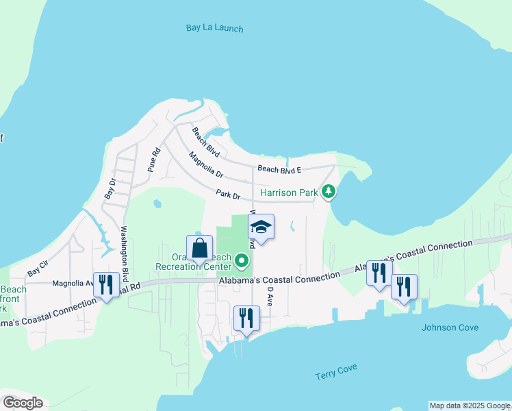 map of restaurants, bars, coffee shops, grocery stores, and more near 27374 Park Drive in Orange Beach