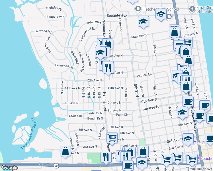 map of restaurants, bars, coffee shops, grocery stores, and more near 1150 Penman Road in Jacksonville Beach